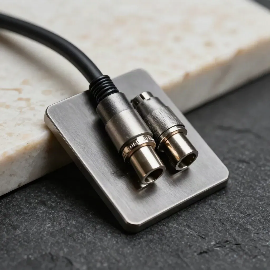 Macro of a metal domain kit with cable, travertine block and connector rings on slate.