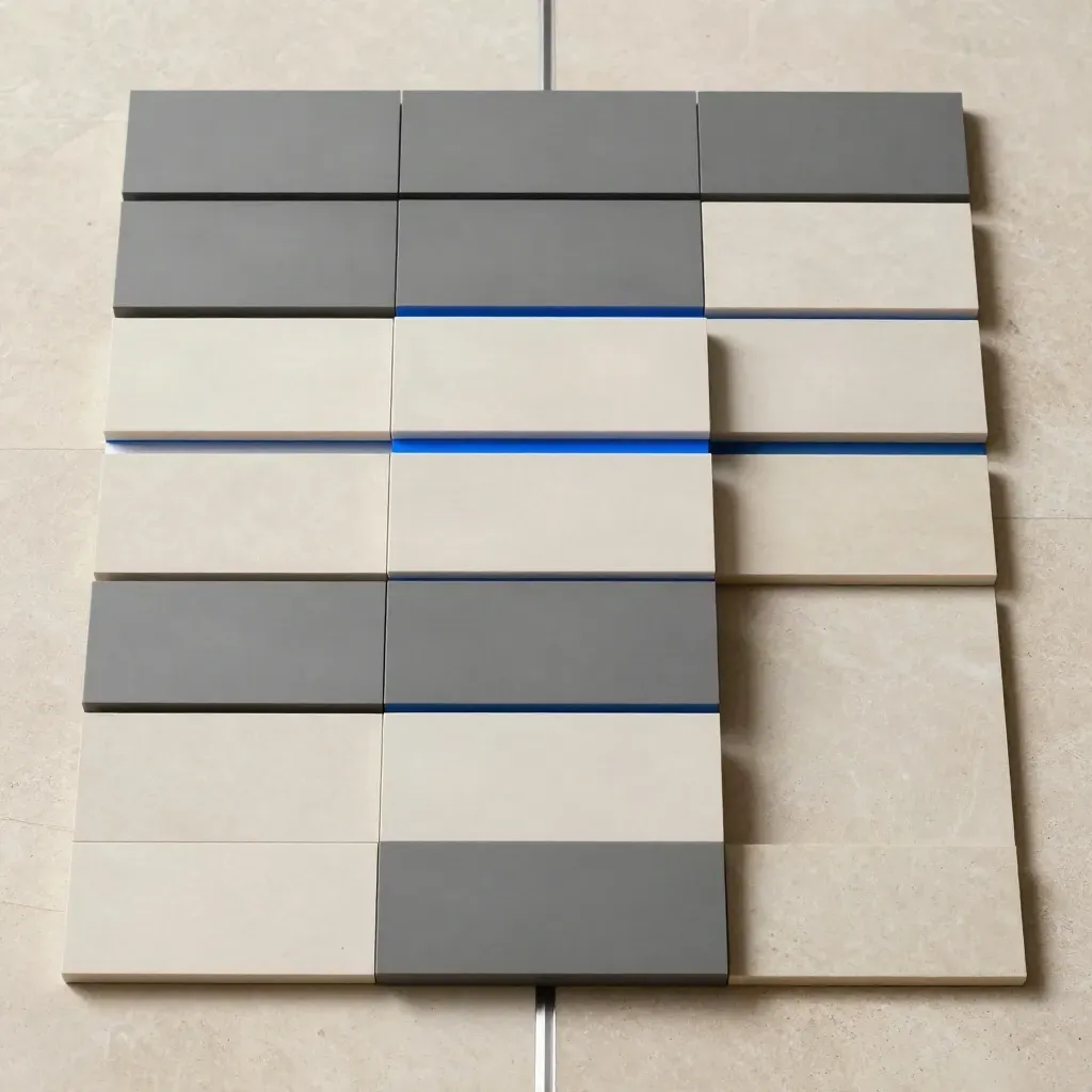 Overhead flatlay of ten landing-page tiles on brushed stone with a tiny blue metal spacer