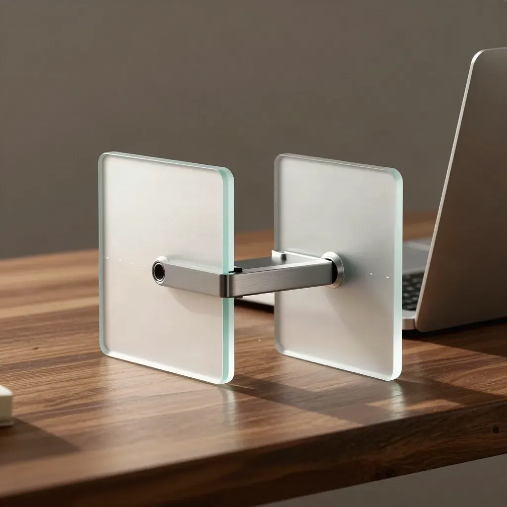 Glass sync modules linked beside a laptop edge on a walnut bench in soft daylight.