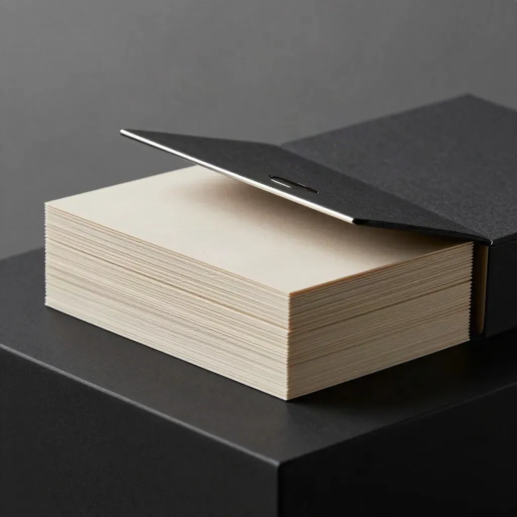 White card sleeves, dark folder, and metal edge light on a shadowed studio plinth.